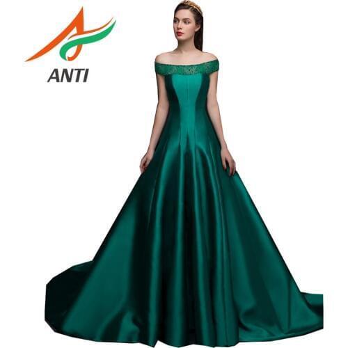 ANTI Pearls Prom Dresses 2019 Boat Neck Dark Green Vintage Satin Count Train Short Sleeve Bow A-line Lace Up vestidos de gala