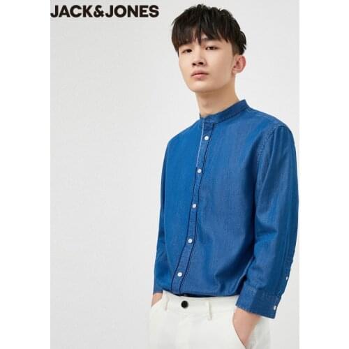 JackJones Mens Tencel Cotton Embroidery Denim Stand-up Collar 3/4 Sleeves Shirt | 220331512