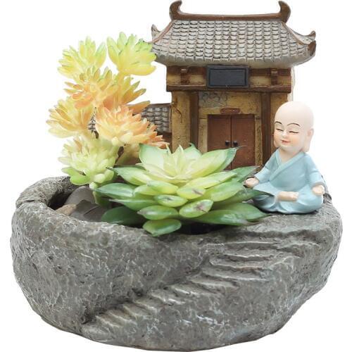 Resin Flower Succulent Pot Monk Temple Shape Bonsai Planter Pots Chinese Style