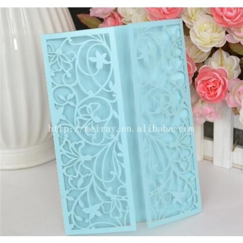 Light blue invitation card 50pcs elegant laser cut paper event party supplies decoration