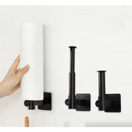 Retractable Toilet Paper Holder L Shape Plastic Kitchen Roll Holder Wall Mounted Black Rack Bathroom Paper Towel Storage Shelf