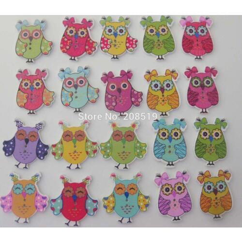WBNLLA Decorative Buttons owls shape Multicolor 100pcs painting wood button crafts jewelry accessories