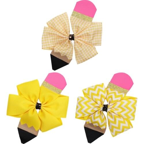 CN 2pcs/lot Pencil Print Glitter Wave Hair Bows Handmade Back To School Barrettes Hair Clips For Kids Hairpin Hair Accessories