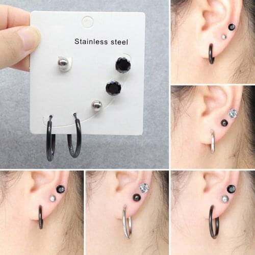 New 3 pairs/set Stainless Steel Stud Earrings For Women Simple Black/Steel Color Ball Zircon Ear Circle Earrings Punk Jewelry