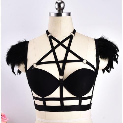 Black Feathers Pentagram Harness Bra Sexy Pentagram Tops Lingerie Festival Feather Epaulettes Bondage Harness Body Cage Bra