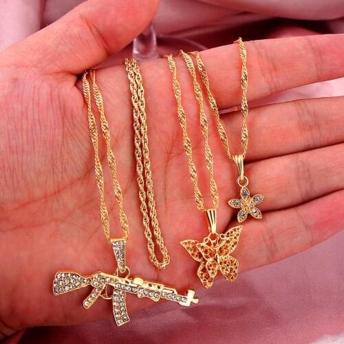 Caraquet Boho Golden Necklaces For Women Multilayer Fashion AK47 Gun Butterfly Pendants Necklace 2020 Trendy New Jewelry Gift