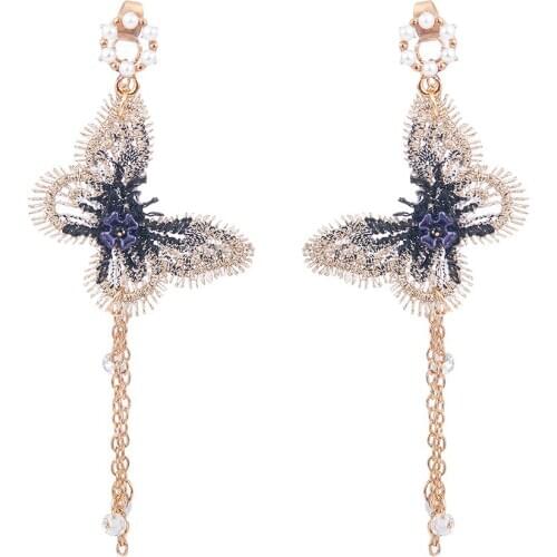 2020 New Fashion Women Pearl Earrings Embroidery Butterfly Crystal Long Tassel Drop Dangle Earrings Jewelry For Girls Gift Charm