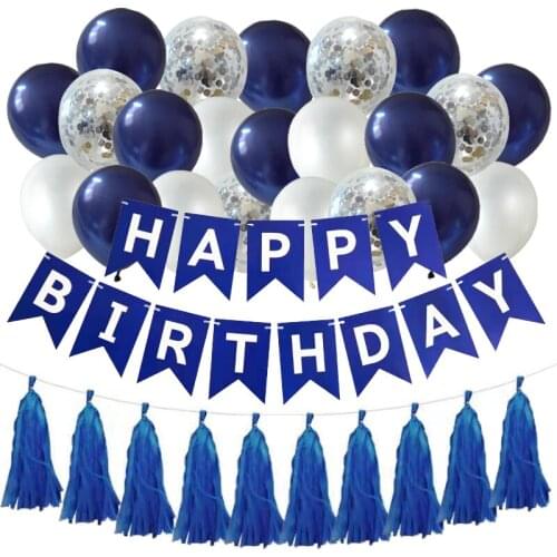 27pcs/Set Blue Silver Happy Birthday Banner Tassels Mix Ink Blue White Latex Balloon Baby Shower Birthday Party Decor Supplies