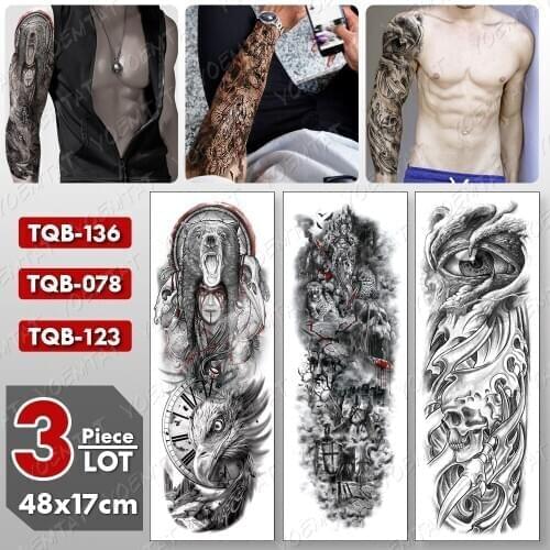 3 pcs/lot Large Arm Sleeve Tattoo Bear Eagle Skull Waterproof Temporary Tatto Sticker Eye Body Art Full Fake Tatoo Women Men