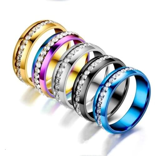 6mm Black Gold Color Colorful Single Row Crystal Wedding Rings for Women Men Stainless Steel Bling Rings Lover Promise Jewelry