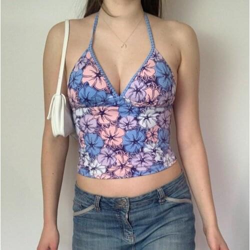 90s Retro Boho Floral Print Cami V Neck Sleevelss Backless Crop Top Y2K Beach Style Sexy Women Skinny Mini Vest Summer Vacation