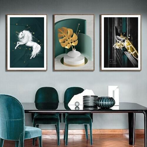 Abstract Geometry Circular Shape Plant Yellow Leaves Animal Giraffe Canvas Painting Wall Picture Poster Living Room Decoration