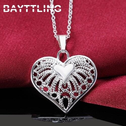 BAYTTLING 925 Sterling Silver 18 Inch Link Chain Fine Hollow Heart Pendant Necklace For Woman Fashion Luxury Charm Gift Jewelry