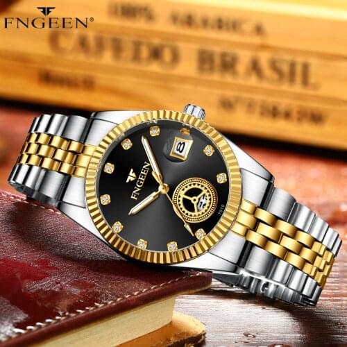 FNGEEN Fashion Business Mens Watch Stainless Steel Top Brand Luxury Gold Watch Men Date Clock Relogio Masculino Reloj Hombre