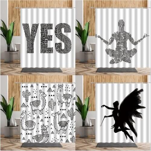 Black White Creative Bath Shower Curtain Letter Element Cactus Alpaca Curtains Originality Backdrop Fabric 3D Bathroom Decor Set