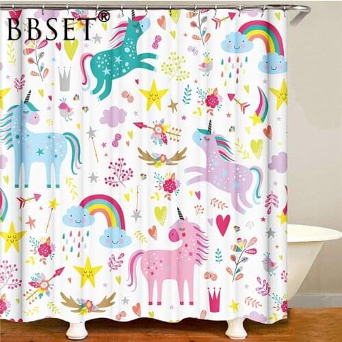 Childrens Favorite Shower Curtain Cartoon Cute Unicorn Pattern Waterproof Multi-size Douchegordijn Bathroom Decor with 12 Hooks