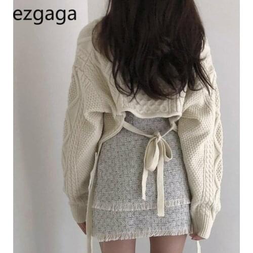 Ezgaga Vintage Back Lace Up Knitted Sweater Koren Chic Autumn Winter Solid Oversized Elegant Pullover Jumper Office Lady Fashion