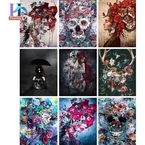 Oil Paint By Numbers For Adults On Canvas Gothic style DIY Frame Flower and Skull Home Decor For Wall Art pictures by numbers