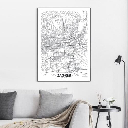 Famous City Map Croatia Zagreb Print Canvas Painting Wall Art Pictures Black White Posters and Prints Living Room Home Decor