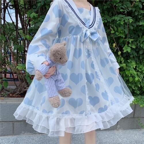 Japanese Harajuku Sweet Lolita Op Dress Women Cute Sailor Collar Lace Tulle Party Dresses Soft Sister Girl Chic Kawaii Bow Dress