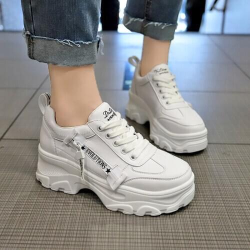 Fashion Woman High Platform Sneakers Spring Female Shoes Black White Sneakers Side Zipper Zapatos Casual Mujer Size U13-39