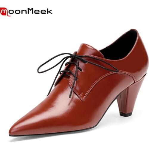 MoonMeek 2021 New Arrival Women Pumps Genuine Leather Pumps Thick High Heels Pointed Toe Office Dress Shoes Red Brown