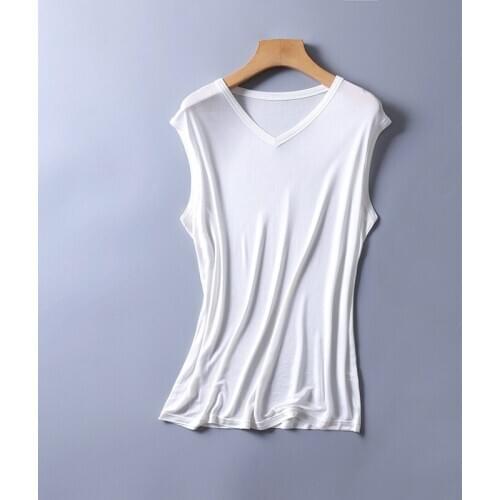Mens 50% Silk 50% Viscose T-Shirts Vest Sleeveless V Neck Top Solid Colors L XL 2XL XS206