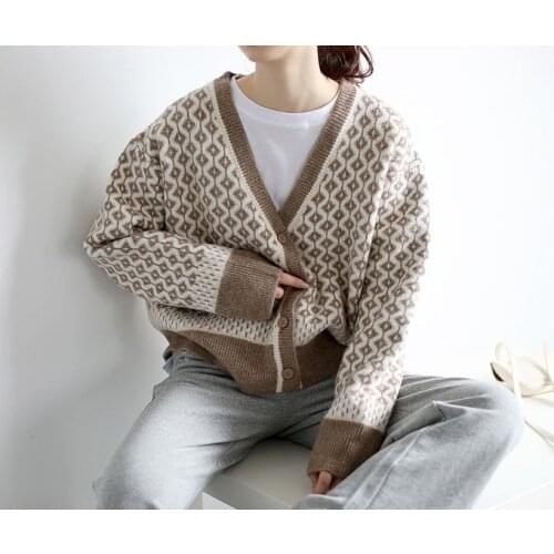 Obrix Female Plaid Pattern Comfy Soft Cardigan V-Neck Full Sleeve Single Breasted Loose Casual Style Outfit For Women