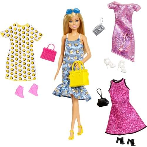 Orijinal Barbie GDJ40 Barbie Outfit Combination Play Set Barbies Doll Set Barbie Doll Playset Blue Dress Yellow Bag Blond Hair