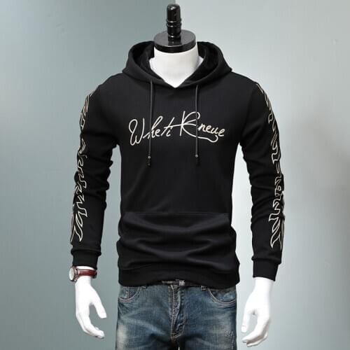 Hoodie Men Black Embroidered Fleece Hoody Autumn Winter Streetwear Cotton Warm Hooded Sweatshirt