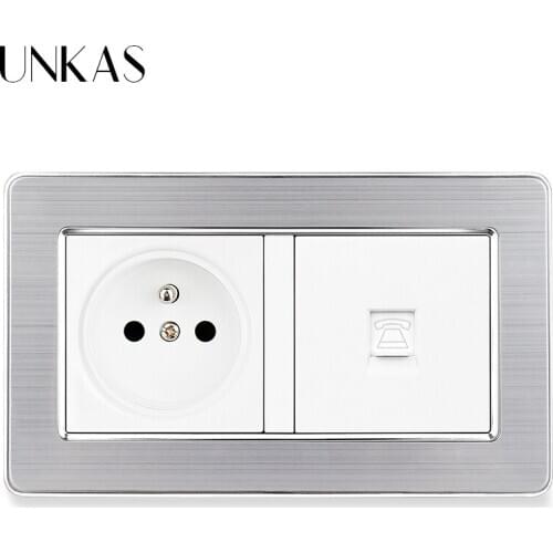 UNKAS Gray Stainless Steel Panel 16A French Standard Wall Power Socket + Grey RJ11 Telephone Connector Jack 146MM*86MM Outlet