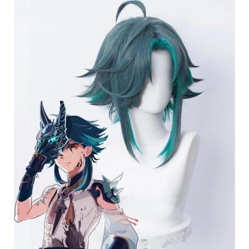 Genshin Impact Xiao Cosplay Men 40cm Green Mixed Wig Cosplay Anime Cosplay Wigs Heat Resistant Synthetic Wig+ Free Wig Cap