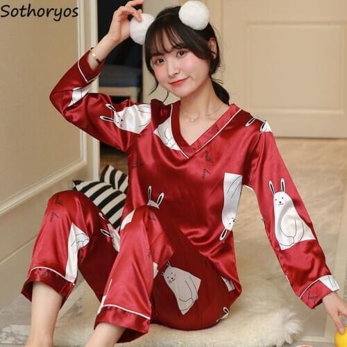 Pajama Sets Women Spring V-neck Thin Printed Korean Style Women Homewear Sexy Leisure Elegant Sleepwear New Arrival Pyjamas Chic