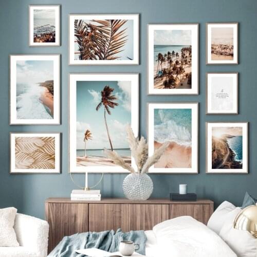 Beach Waves Palm Tree Leaf Plant Seaside Sunrise Wall Art Print Canvas Painting Nordic Poster Wall Picture For Living Room Decor
