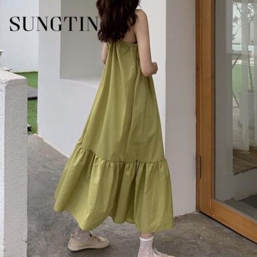 Sungtin Sweet Pleated Ruffle Slip Dress Women Casual Square Neck Korean Chic Green Dress Summer Loose Long Vestidos Mujer New
