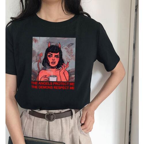 Vintage Summer Harajuku Devil Letter Print Fun Loose Short Sleeve Gothic Tops tees Cartoon Casual Ulzzang Female Punk T-Shirt