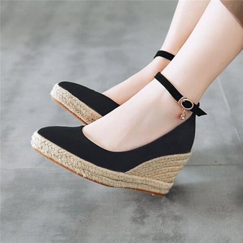 YMECHIC 2019 Retro Weave Wedge Heel Ankle Strap Womens Shoes Brown Black Red Office Party Ladies High Heels Shoes Pumps Spring