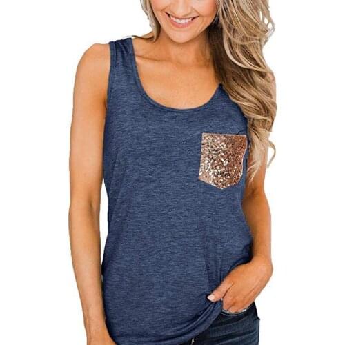 BADAMANA New Women Tank Tops Good Sequins O-Neck Tank Summer Pocket Female White Casual Tank Tops Fashion Femme Ladies Tops Tee