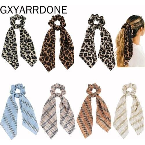 1pcs 2019 Leopard Plaid Print Scrunchie Women Ribbon Elastic Hair Bow Scarf Hair Rubber Hair Ropes Girls Headdress Accessories