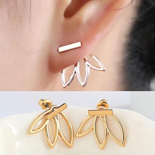 Women Ear Studs Electroplated Hollow Lotus Flower Earrings Ear Jacket Pierced Jewelry for Anniversary
