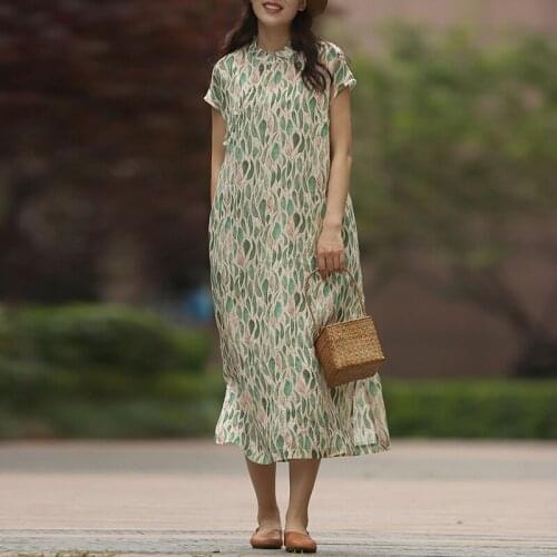 Johnature Women Stand Ramie Summer Dresses Vintage Garment Sleeves A-Line Cheongsam 2021 New Print Floral Chinese Style Dresses