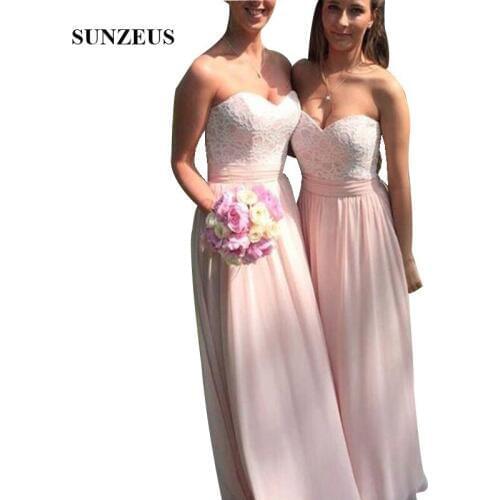 A-line Sweetheart Lace Bodice Bridesmaid Dresses Long Pink Chiffon Women Party Gowns vestido longos