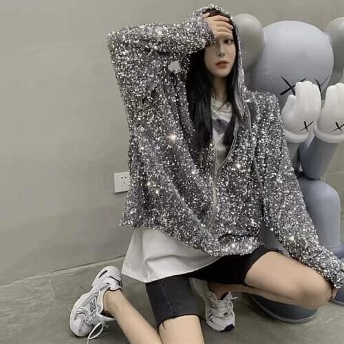 2021 Jacket Coat 2021 Fashion Loose Real Shot For Women Free Shipping Sequins Hooded 2 Color