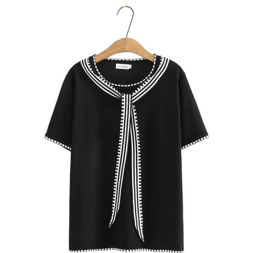 Plus size blouses tunics shirts 2021 fashion O-Neck Knitted ice silk ribbon short sleeve summer Womens t-shirts black sky blue