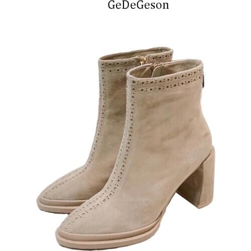 Chelsea Boots Female Real Leather High Heel Shoes Women Autumn and Winter Wearing Fashion High End