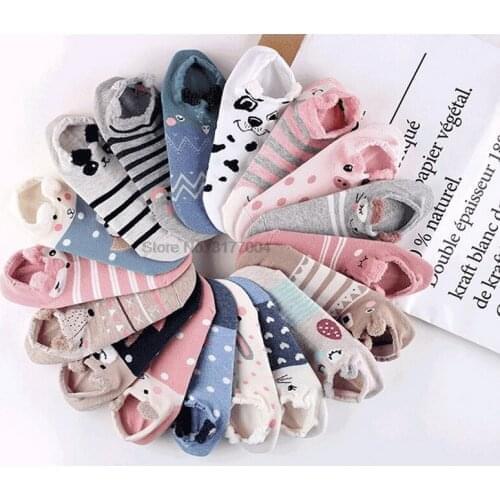 DHL 200pair Girls Cute Cartoon Animal Print Invisible Low Ankle Cotton Comfortable Soft Short Socks Cat Dog Socks Slippers