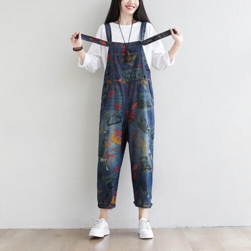 Jean Jumpsuits Plus Size New Women Casual Loose Denim Rompers Hole Baggy Wide Leg Overalls cowboy Bib strap print Harem Pants
