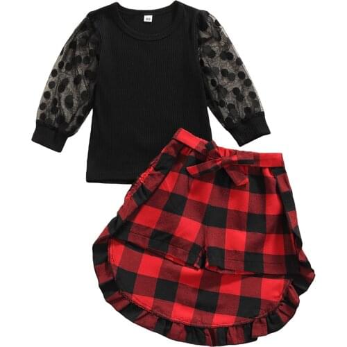 Little Kids Baby Girl’s Casual T-shirt and Shorts Set Fashion Mesh Yarn Long Sleeve Tops and Plaid Short Pants with Skirt