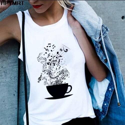 Women Sexy Summer Fun Music Note Printed Tshirt Ladies Graphic Vest Female sleeveless Tee Clothes Streetwear Top White Tank Tops