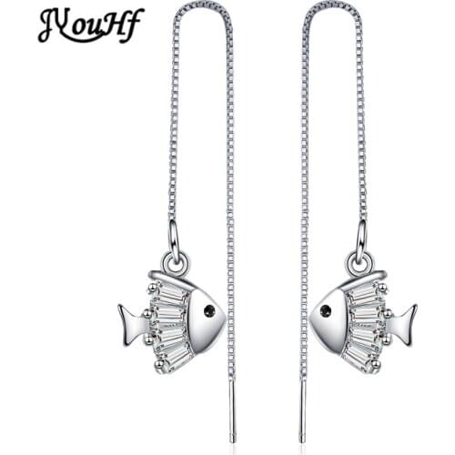 JYouHF Stylish 925 Sterling Silver Long Chain Tassel Earrings for Women Sweet Fish Micro Paved AAA Zircon Drop Earrings Jewelry
